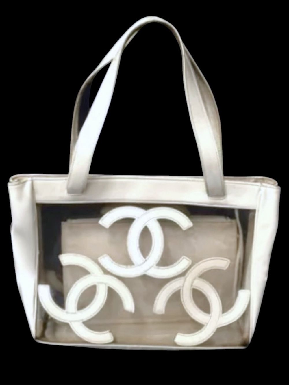 AUTH CHANEL RARE Triple C clear Tote cream white patent leather Bag Pouch + Card